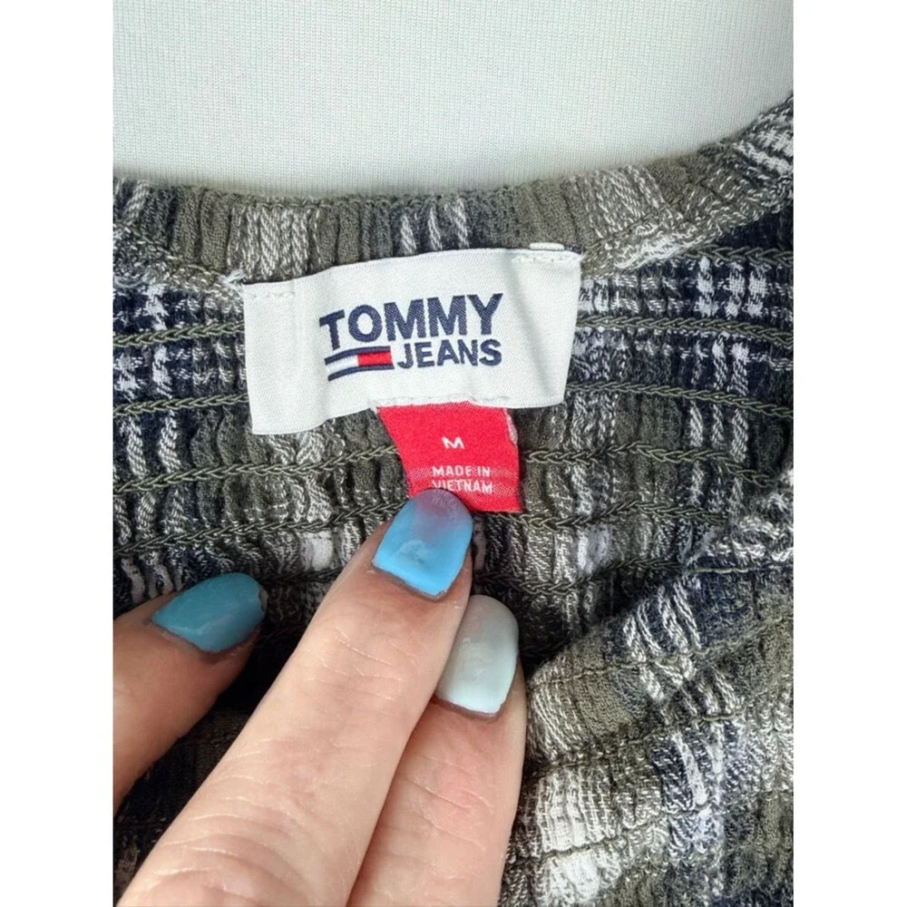 Tommy Jeans Plaid Smocked Babydoll Top Medium Puff Sleeve